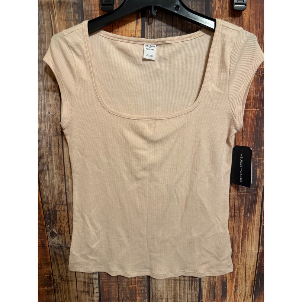 Melrose and Market Pink Ribbed Square Neck Cap Sleeve Top MM491193MI Small